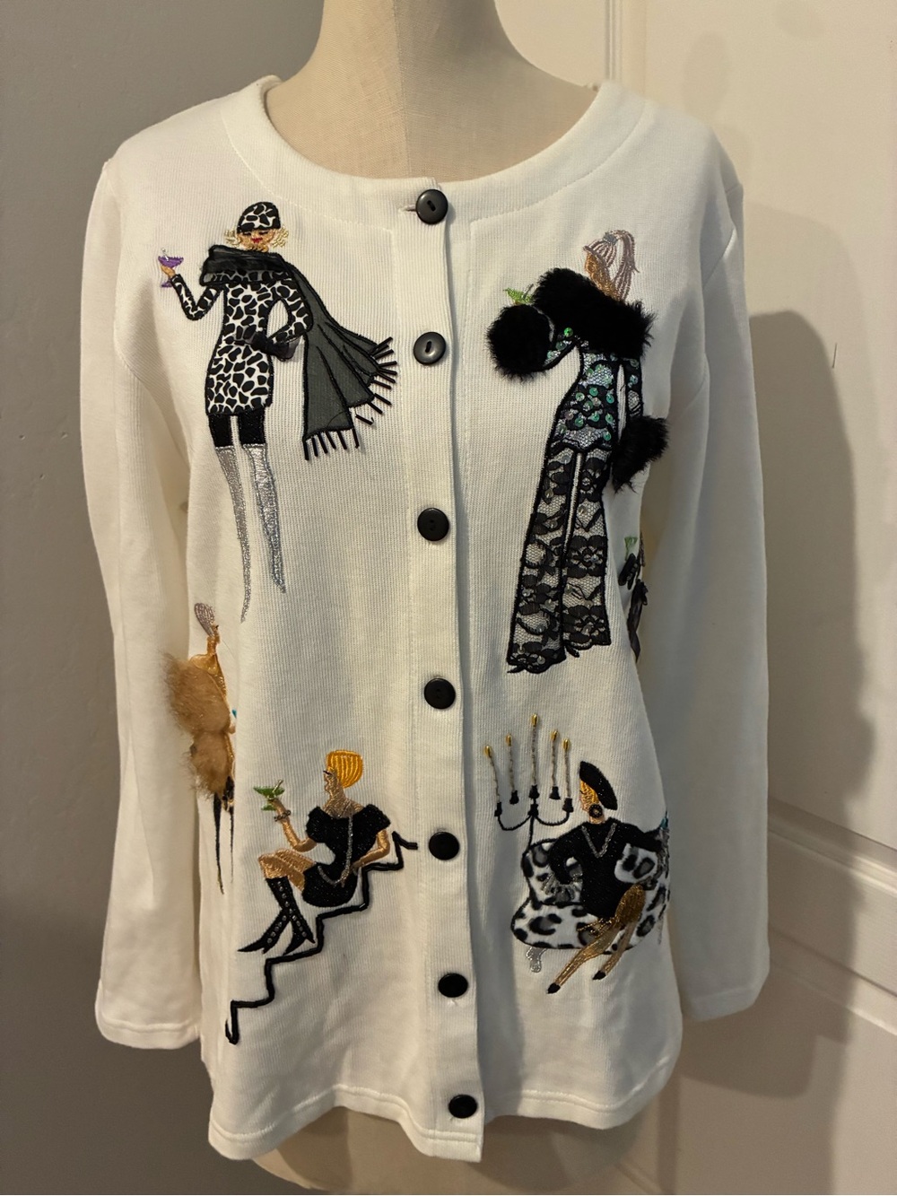 Vintage Compliment Embroidered Glamour Girls Cocktail Cardigan Sweater White L